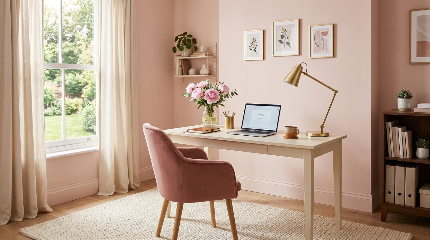 A blush studio desk — the kind of space a VA website should feel like